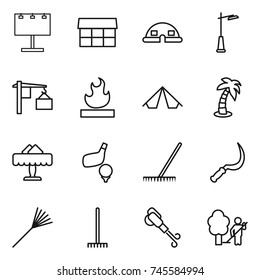 thin line icon set : billboard, market, dome house, outdoor light, loading, flammable, tent, palm, restaurant, golf, rake, sickle, blower, garden cleaning