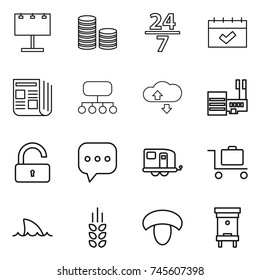 thin line icon set : billboard, coin stack, 24 7, calendar, newspaper, structure, cloude service, mall, unlock, sms, trailer, baggage trolley, shark flipper, spikelets, mushroom, hive