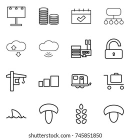 thin line icon set : billboard, coin stack, calendar, structure, cloude service, cloud wireless, mall, unlock, tower crane, sorting, trailer, baggage trolley, shark flipper, mushroom, spikelets