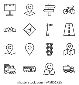 thin line icon set : billboard, pointer, singlepost, bike, drawbridge, under construction, outdoor light, road, geo pin, traffic, map, train, bus, sweeper