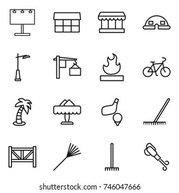 thin line icon set : billboard, market, dome house, outdoor light, loading, flammable, bike, palm, restaurant, golf, rake, farm fence, blower