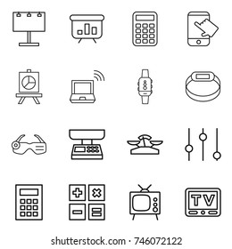 thin line icon set : billboard, presentation, calculator, touch, notebook wireless, smart watch, bracelet, glasses, market scales, equalizer, tv