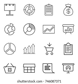 thin line icon set : billboard, target audience, clipboard, money bag, circle diagram, statistics, presentation, graph up, add to cart, delete, market, shopping list