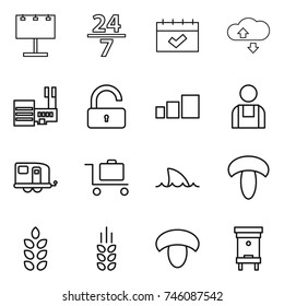 thin line icon set : billboard, 24 7, calendar, cloude service, mall, unlock, sorting, workman, trailer, baggage trolley, shark flipper, mushroom, spikelets, hive