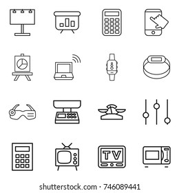 thin line icon set : billboard, presentation, calculator, touch, notebook wireless, smart watch, bracelet, glasses, market scales, equalizer, tv, microwave oven