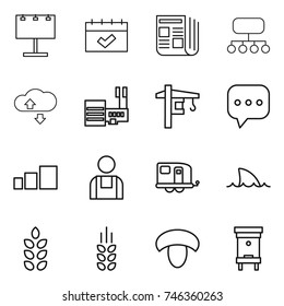 thin line icon set : billboard, calendar, newspaper, structure, cloude service, mall, tower crane, sms, sorting, workman, trailer, shark flipper, spikelets, mushroom, hive