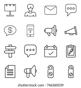thin line icon set : billboard, woman, mail, message, money, phone wireless, megafon, loudspeaker, singlepost, sms, terms, clipboard pen, document, do not distrub