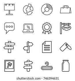 thin line icon set : billboard, circle diagram, shopping bag, message, notebook, medal, shop signboard, singlepost, signpost, document, label, photo, hanger, bank