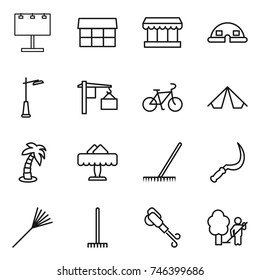 thin line icon set : billboard, market, dome house, outdoor light, loading, bike, tent, palm, restaurant, rake, sickle, blower, garden cleaning