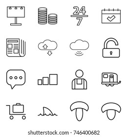 thin line icon set : billboard, coin stack, 24 7, calendar, newspaper, cloude service, cloud wireless, unlock, sms, sorting, workman, trailer, baggage trolley, shark flipper, mushroom