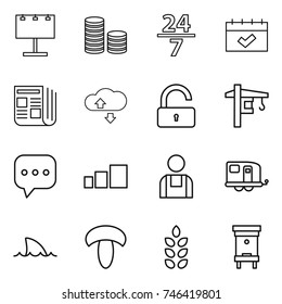 thin line icon set : billboard, coin stack, 24 7, calendar, newspaper, cloude service, unlock, tower crane, sms, sorting, workman, trailer, shark flipper, mushroom, spikelets, hive