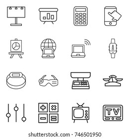 thin line icon set : billboard, presentation, calculator, touch, notebook globe, wireless, smart watch, bracelet, glasses, market scales, equalizer, tv