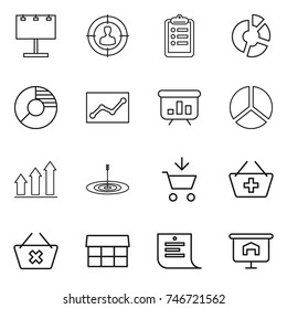 thin line icon set : billboard, target audience, clipboard, circle diagram, statistics, presentation, graph up, add to cart, basket, delete, market, shopping list