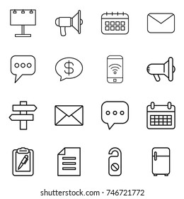 thin line icon set : billboard, loudspeaker, calendar, mail, message, money, phone wireless, megafon, singlepost, sms, clipboard pen, document, do not distrub, fridge