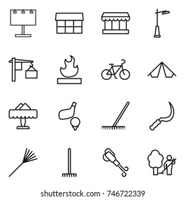 thin line icon set : billboard, market, outdoor light, loading, flammable, bike, tent, restaurant, golf, rake, sickle, blower, garden cleaning