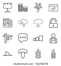 thin line icon set : billboard, coin stack, 24 7, calendar, newspaper, cloude service, cloud wireless, unlock, tower crane, sms, sorting, workman, shark flipper, mushroom, spikelets