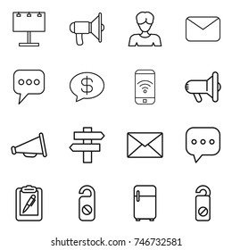 thin line icon set : billboard, loudspeaker, woman, mail, message, money, phone wireless, megafon, singlepost, sms, clipboard pen, do not distrub, fridge