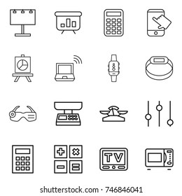 thin line icon set : billboard, presentation, calculator, touch, notebook wireless, smart watch, bracelet, glasses, market scales, equalizer, tv, microwave oven