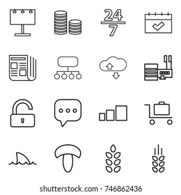 thin line icon set : billboard, coin stack, 24 7, calendar, newspaper, structure, cloude service, mall, unlock, sms, sorting, baggage trolley, shark flipper, mushroom, spikelets