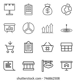thin line icon set : billboard, clipboard, money bag, circle diagram, presentation, graph up, target, add to cart, delete, market, shopping list, store signboard