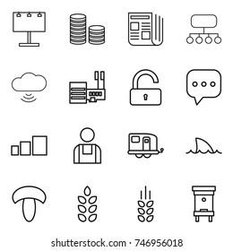 thin line icon set : billboard, coin stack, newspaper, structure, cloud wireless, mall, unlock, sms, sorting, workman, trailer, shark flipper, mushroom, spikelets, hive