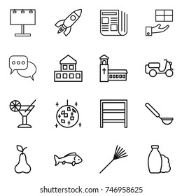 thin line icon set : billboard, rocket, newspaper, gift, discussion, cottage, church, scooter shipping, cocktail, disco ball, rack, ladle, pear, fish, rake, shampoo
