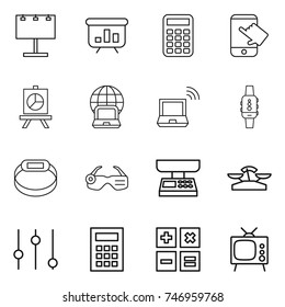 thin line icon set : billboard, presentation, calculator, touch, notebook globe, wireless, smart watch, bracelet, glasses, market scales, equalizer, tv
