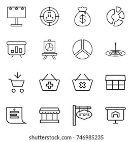 thin line icon set : billboard, target audience, money bag, circle diagram, presentation, add to cart, basket, delete, market, shopping list, store signboard