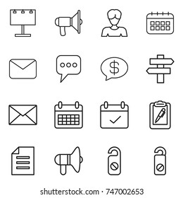 thin line icon set : billboard, loudspeaker, woman, calendar, mail, message, money, singlepost, terms, clipboard pen, document, do not distrub