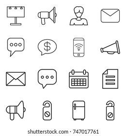 thin line icon set : billboard, loudspeaker, woman, mail, message, money, phone wireless, sms, calendar, document, do not distrub, fridge