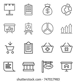 thin line icon set : billboard, clipboard, money bag, circle diagram, presentation, graph up, add to cart, basket, delete, shopping list, market, store signboard