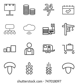 thin line icon set : billboard, coin stack, 24 7, calendar, structure, cloud wireless, mall, tower crane, sorting, workman, trailer, baggage trolley, mushroom, spikelets