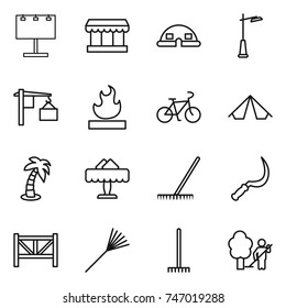 thin line icon set : billboard, market, dome house, outdoor light, loading, flammable, bike, tent, palm, restaurant, rake, sickle, farm fence, garden cleaning