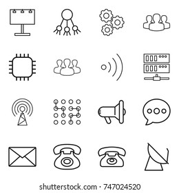 thin line icon set : billboard, share, gear, group, chip, wireless, server, antenna, megafon, balloon, mail, phone, satellite