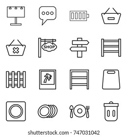 thin line icon set : billboard, message, battery, remove from basket, delete cart, shop signboard, singlepost, rack, pallet, photo, cutting board, ring button, plates, fork spoon plate, trash bin