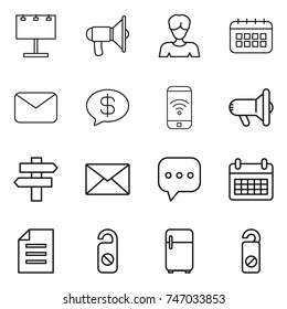 thin line icon set : billboard, loudspeaker, woman, calendar, mail, money message, phone wireless, megafon, singlepost, sms, document, do not distrub, fridge