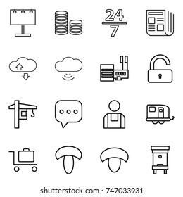 thin line icon set : billboard, coin stack, 24 7, newspaper, cloude service, cloud wireless, mall, unlock, tower crane, sms, workman, trailer, baggage trolley, mushroom, hive