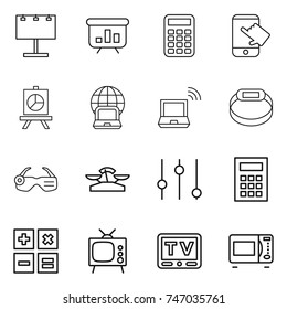 thin line icon set : billboard, presentation, calculator, touch, notebook globe, wireless, smart bracelet, glasses, scales, equalizer, tv, microwave oven