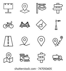 thin line icon set : billboard, pointer, shop signboard, singlepost, bike, bridge, under construction, outdoor light, road, geo pin, route, map, train, signpost, sweeper