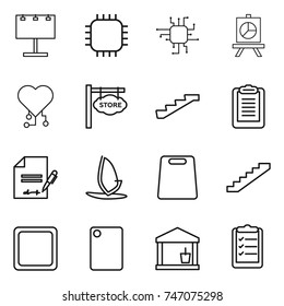 thin line icon set : billboard, chip, presentation, cardio, store signboard, stairs, clipboard, inventory, windsurfing, cutting board, utility room, list