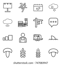 thin line icon set : billboard, 24 7, calendar, cloude service, cloud wireless, mall, tower crane, sms, sorting, workman, trailer, shark flipper, mushroom, spikelets