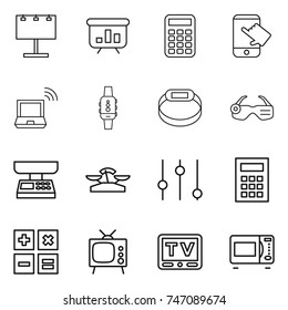thin line icon set : billboard, presentation, calculator, touch, notebook wireless, smart watch, bracelet, glasses, market scales, equalizer, tv, microwave oven