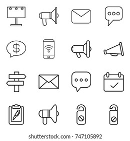 thin line icon set : billboard, loudspeaker, mail, message, money, phone wireless, megafon, singlepost, sms, terms, clipboard pen, do not distrub