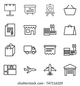 thin line icon set : billboard, presentation, basket, account balance, shop, store, shopping bag, delivery, atm receipt, mall, consolidated cargo, plane, airplane, garage