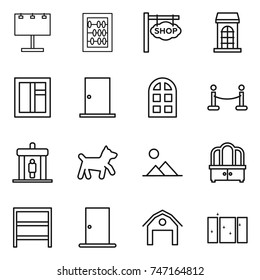 thin line icon set : billboard, abacus, shop signboard, building, window, door, arch, vip fence, detector, dog, landscape, dresser, rack, barn, clean