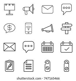 thin line icon set : billboard, loudspeaker, mail, message, money, phone wireless, singlepost, sms, calendar, terms, clipboard pen, document, do not distrub