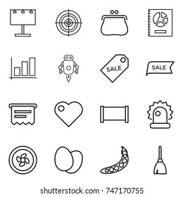 thin line icon set : billboard, target, purse, annual report, graph, jet robot, sale label, atm receipt, heart, fence, alarm, cooler fan, eggs, peas, broom