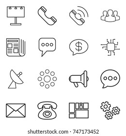 thin line icon set : billboard, phone, call, group, newspaper, message, money, chip, satellite antenna, round around, megafon, balloon, mail, consolidated cargo, gears
