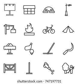 thin line icon set : billboard, market, dome house, outdoor light, loading, flammable, bike, tent, restaurant, golf, rake, sickle, farm fence, blower, garden cleaning