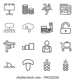 thin line icon set : billboard, coin stack, 24 7, newspaper, structure, cloude service, mall, unlock, tower crane, sorting, workman, baggage trolley, shark flipper, mushroom, spikelets
